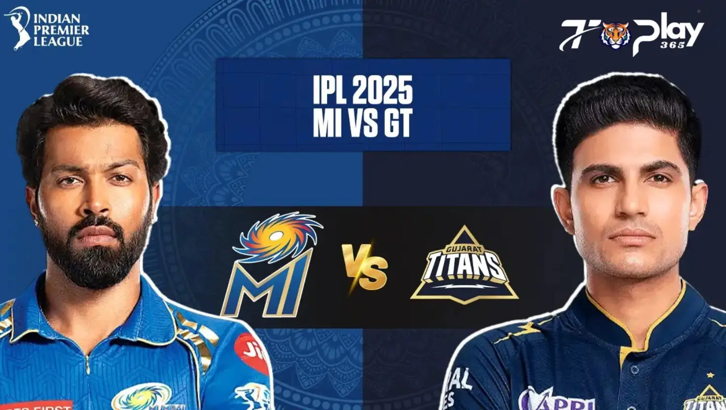 IPL 2025 MI vs GT Match Poster – Hardik Pandya (Mumbai Indians) and Shubman Gill (Gujarat Titans) face off, with team logos and match details displayed.