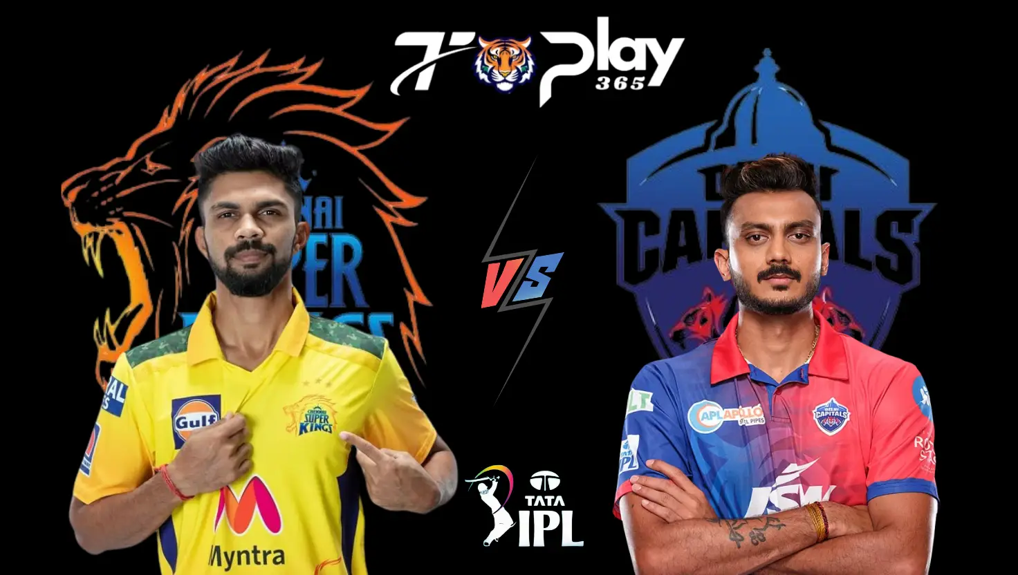 IPL 2025 match battle between Chennai Super Kings (CSK) and Delhi Capitals (DC) featuring key players, team logos, and the TigerPlay365 branding. Stay updated with Skyexchange365 for match analysis, predictions, and live updates.