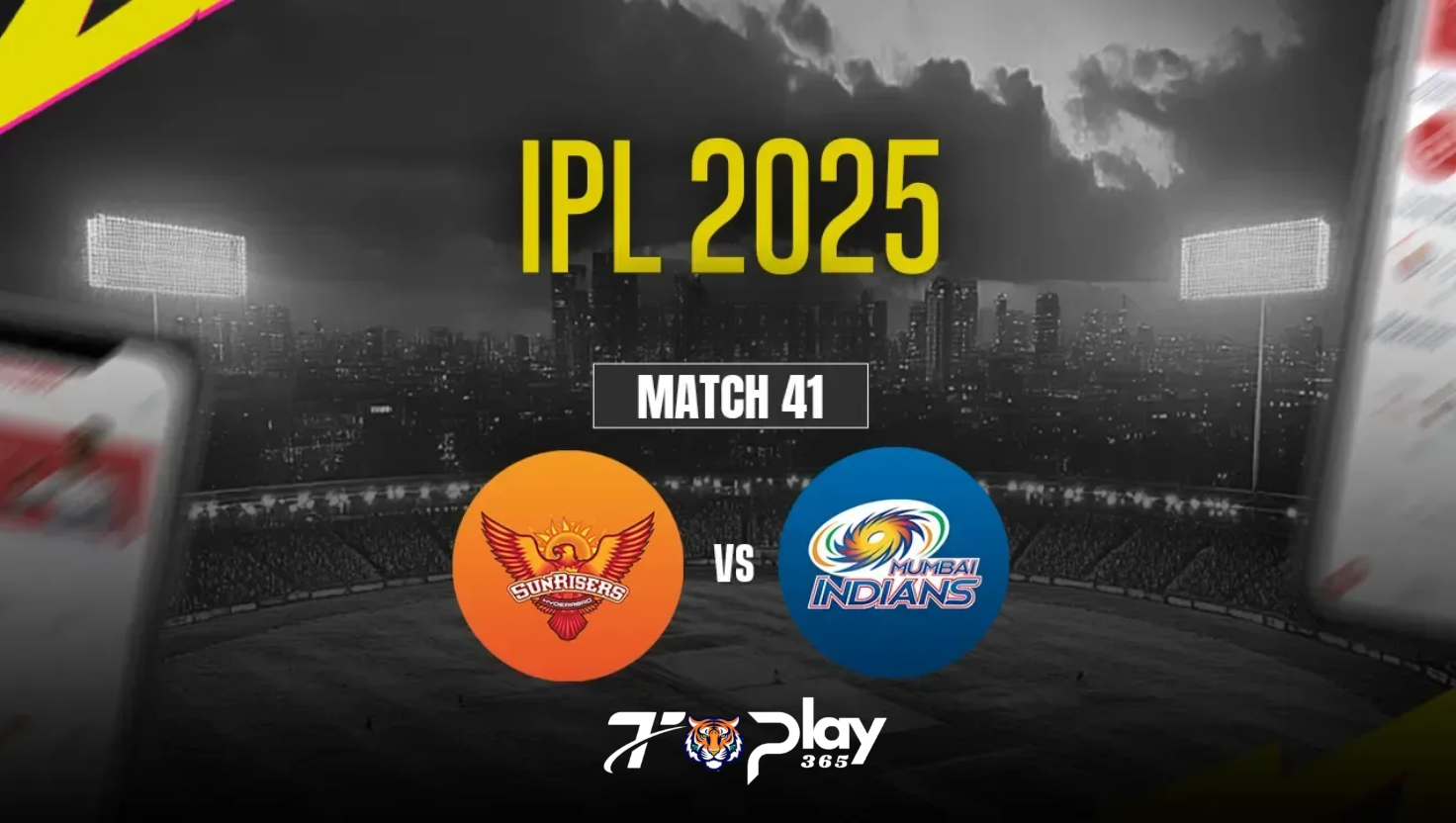 SRH vs MI Match 41 IPL 2025 preview image featuring Sunrisers Hyderabad and Mumbai Indians logos with Tiger Exchange Cricket ID branding – TigerPlay365.