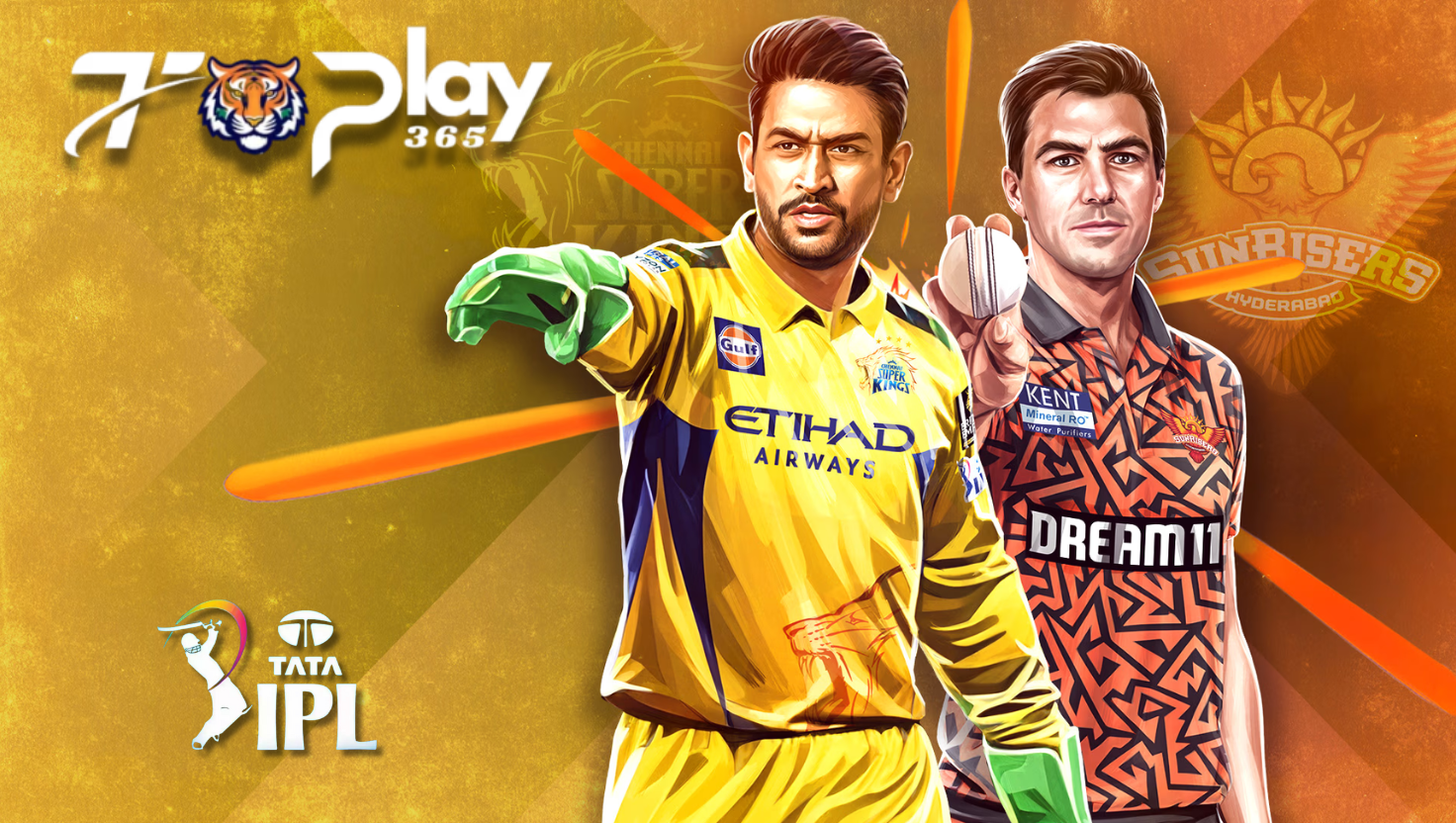 Cricket fantasy showdown featuring animated players from Chennai Super Kings and Sunrisers Hyderabad ahead of IPL 2025 match, presented by TigerPlay365 with TATA IPL branding.